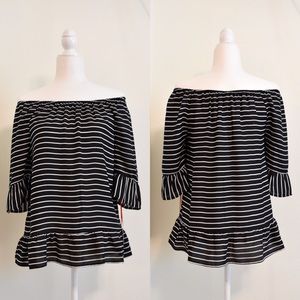 NWT ELLE Black and White Stripe Blouse Size L